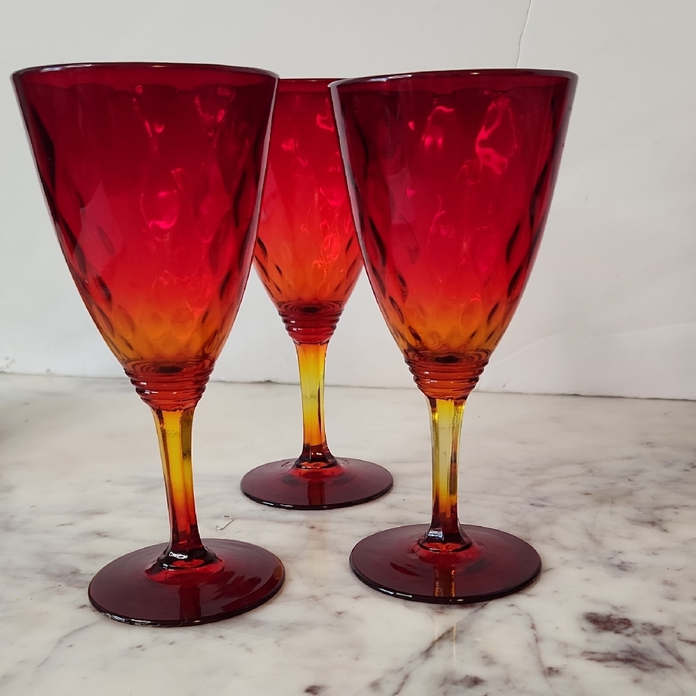 Fenton Amberina Glow Red Urainum Diamond 3 Count Wine Glasses RARE